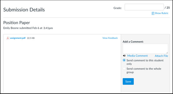 Submission details page for students, students can submit comments to tutors or the assignment group.