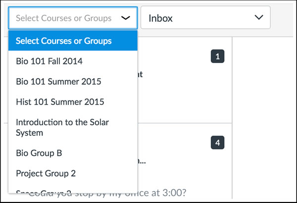 Inbox conversations area in canvas, allows you to select a course or group to chat with.