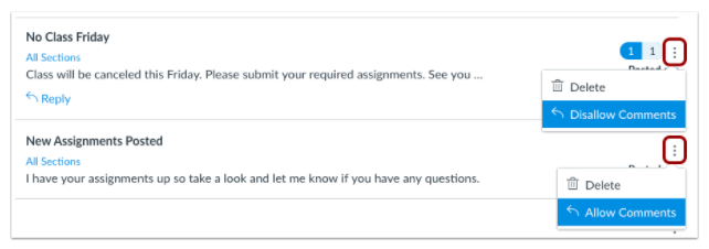 You can disallow comments on announcements at any time, the screengrab shows the 'disallow' and 'allow' comment options on the announcements window when accessing the options button for each announcement.