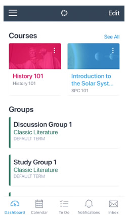 Image displays the dashboard, which includes course cards, and a 'see all' link. It also displays groups.