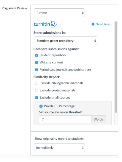 Turnitin framework tool is available from within your canvas assignment. It provides number options including where to store the turnitin assignment, assignment comparison options, similarity options and whether you would like to share the originality report with students.