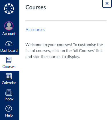 courses section in canvas main menu, with the 'all courses' link displaying in the sub menu.