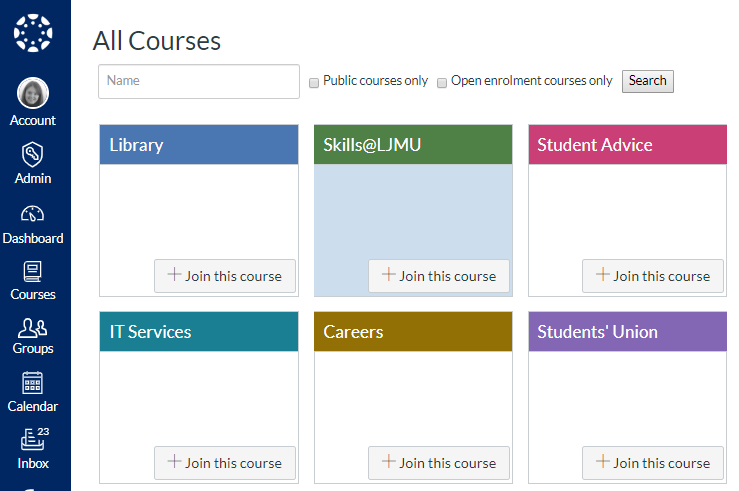 Open Information Sites in Canvas, displaying a range of sites including Library, Skills@ljmu, Student Advice, IT Services, Careers and Students Union