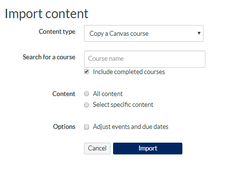 Import Content Page: use the search box to find a course to import and 'select specific content' option to import.