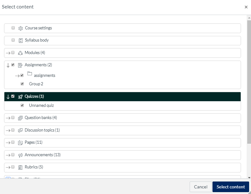 select content page - where you can select items from the course for import