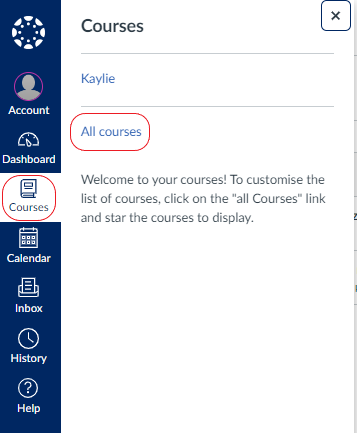 screenshot showing the courses area of the canvas main menu