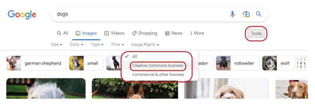 Image highlights locations of Tools button and Creative Commons licenses button