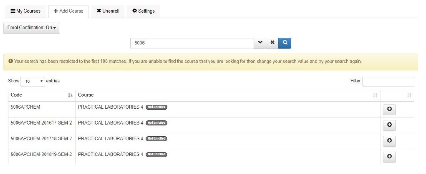 Screen shot of add course search display