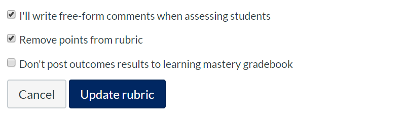 Screenshot of the settings for option 1. Showing the permission to add free-form comments when assessing students and remove points from a rubric.