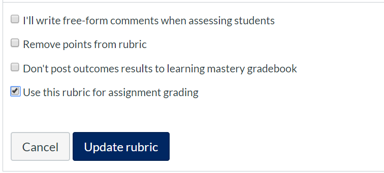 A screen capture of the rubric settings, specifically highlighting the 'use this rubric for assignment grading' option.