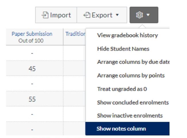 Screen grab of addingnotes column in grades area