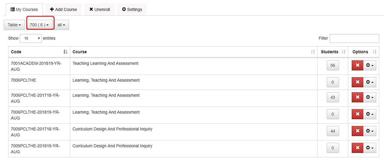 Screen grab of applying filter to your course list view.