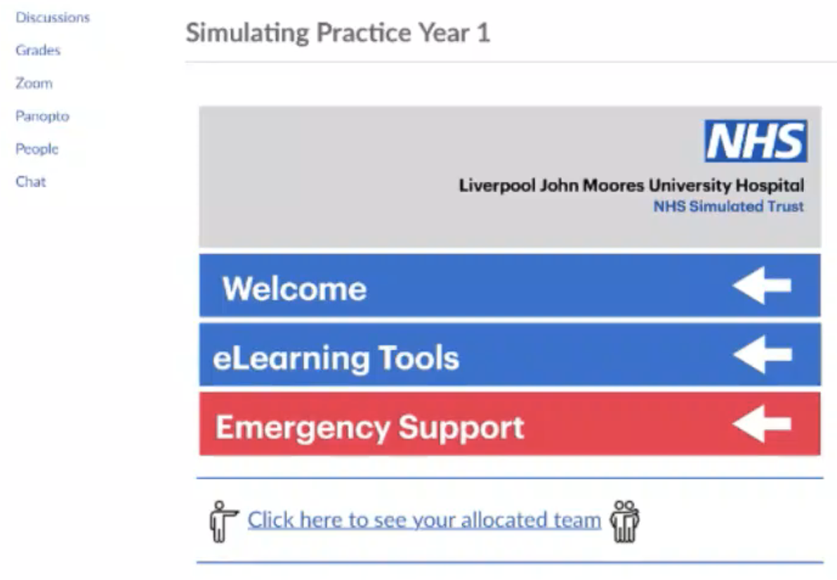 Canvas Home Page of Simulating Practice Course, includes welcome, e-learning tools and emergency support links.