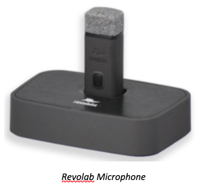 This image displays the revolab microphone. Including a docking station and portable Mic.
