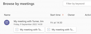 web interface showing a meeting with links to recording