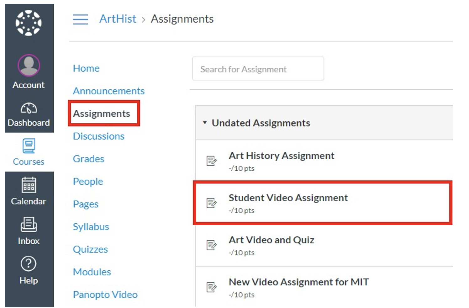 The assignments section of your canvas course where you need to submit your assignment.