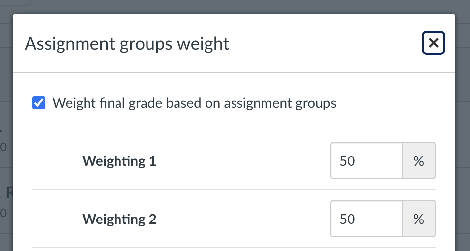 Assignment Group Weightings Popup - Enter your weightings into the box next to the assignment group.