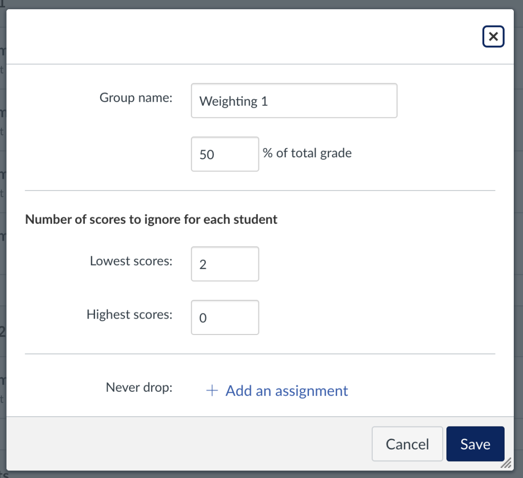 Apply the number of 'lowest' scores to ignore by inserting an equivalent number for the number of referral assignments you have created. You can access this popup by editing the assignment group.