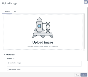 Upload page in Canvas which provides the otion to drag a file into the space, select a file, apply ALT text attributes including 'decorative image' and whether to embed the image or display a link to the image.