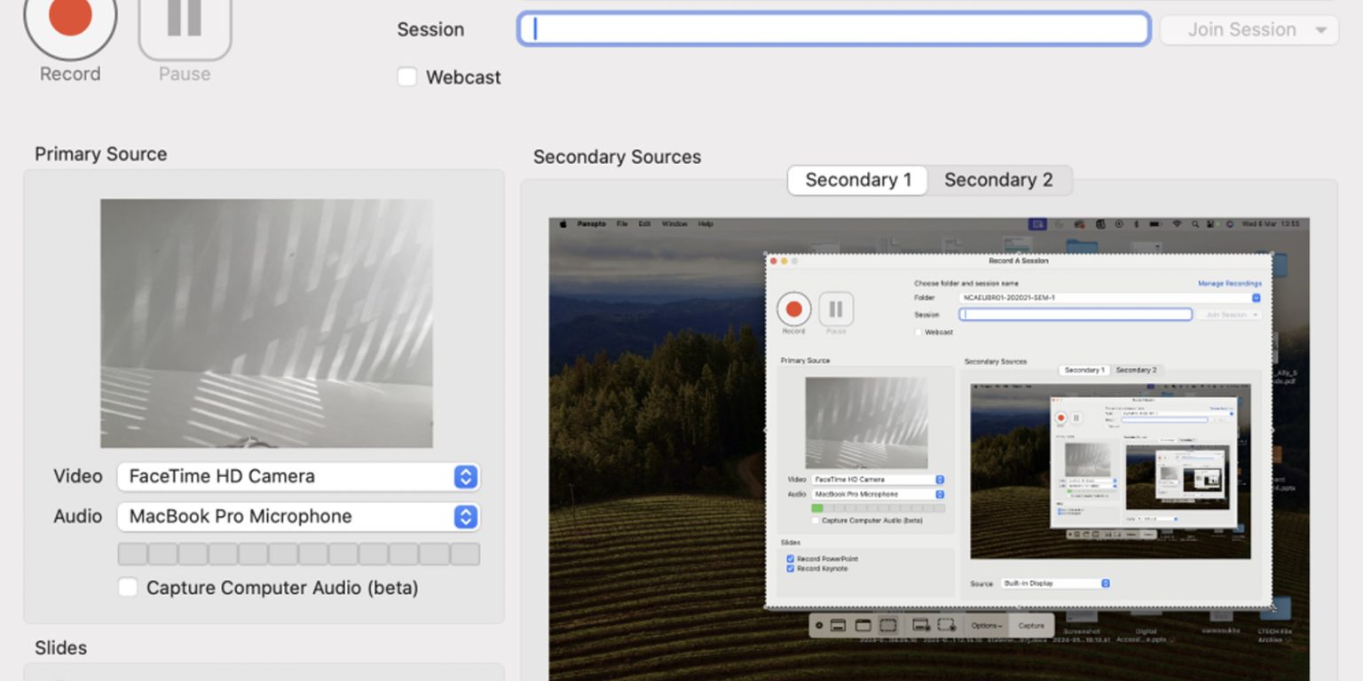 The panopto window allows you to record, or pause your video. You can title the video and specify audio and video sources.