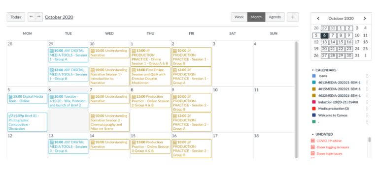 Canvas Calendar showing a month of events for a number of courses.