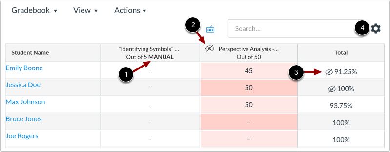 'Manual' added to the top of the Assignment Column, indicates grades are to be manually released. The crossed out eye symbol at the top of the column indicates that some students are not able to see grades. The total column also uses this to indicate some grades are not available for a particulat student.