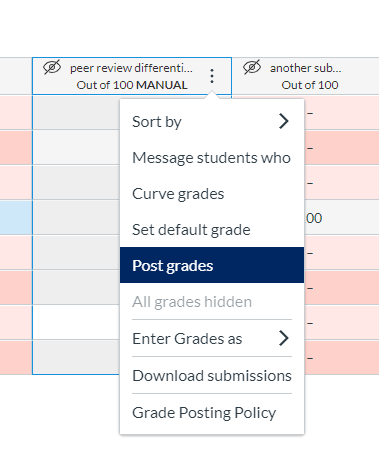 Assignment Column Options includes the Post Grades link