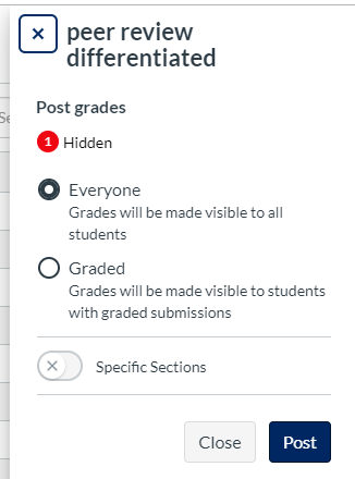 Post Grades panel shows the grades can either be posted to everyone, or just for graded students.
