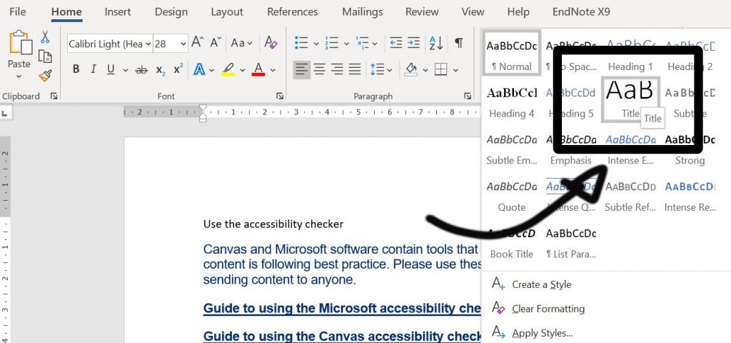 This image denotes the use of Heading Styles in Microsoft word. Simply highlight text, and then select the appropriate style type for the heading in the 'Home'/'Styles' section. 