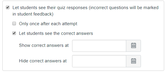 Screen grab of options: Let student see their quiz responses and Let students see the correct answers.