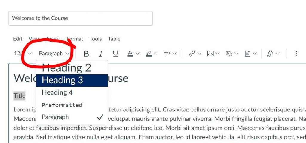 This image denotes the use of Heading Styles in Canvas. Simply highlight text, and then select the appropriate style type for the 'paragraph’ or ‘heading’ drop down.  