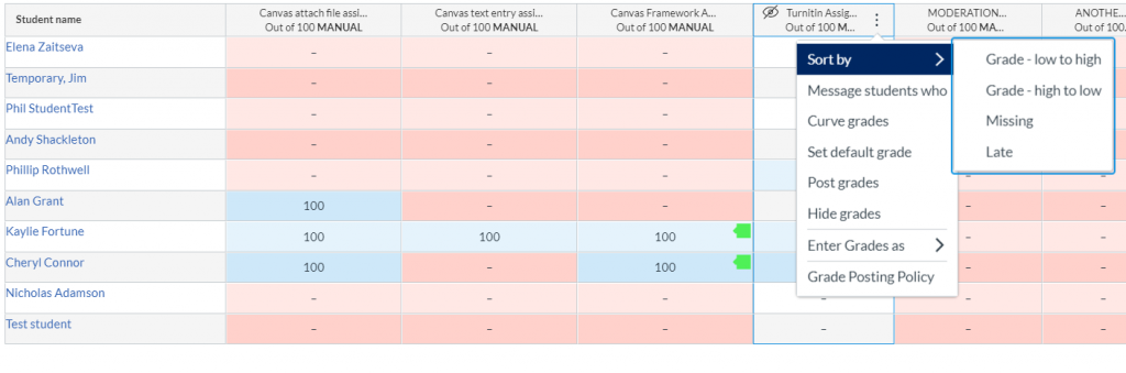 Canvas Grades Column "Sort By" option