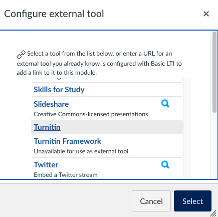 Figure 2. Canvas interface showing the selection of Turnitin from the Configure External Tool menu