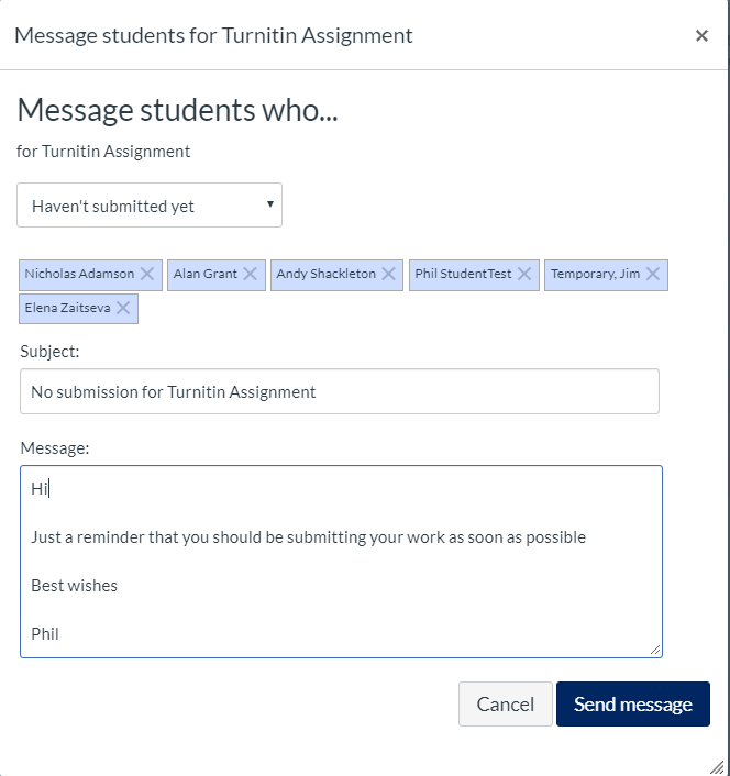Screenshot of "Message students who" Criteria selected is "Haven't submitted yet" and message contaings a reminder for students to submit.