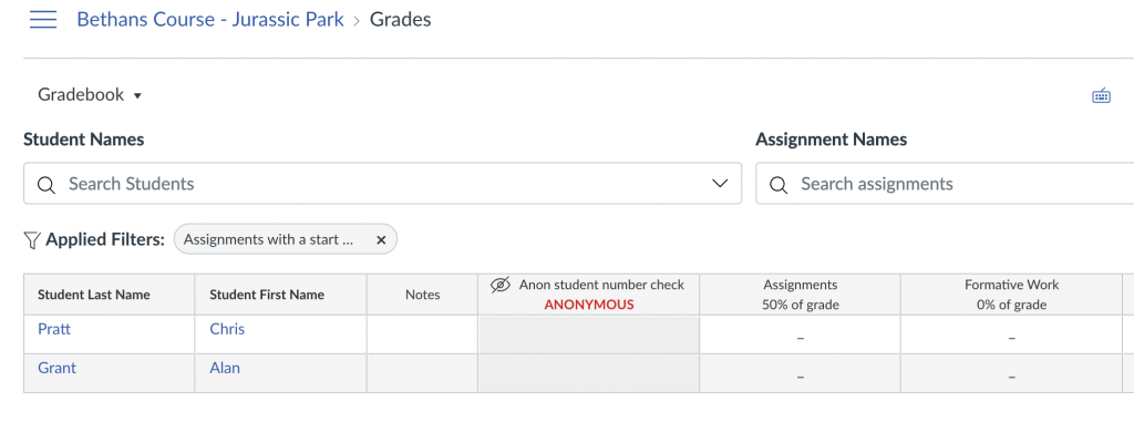 Remove your filter in the gradebook by clicking on the 'x' next to the filter title.