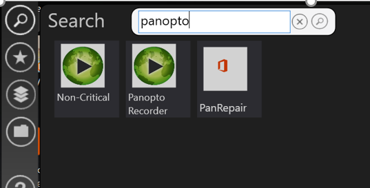 Screen grab of search box within LJMU App Player, search box has Panopto typed within box and search results showing PanRepair