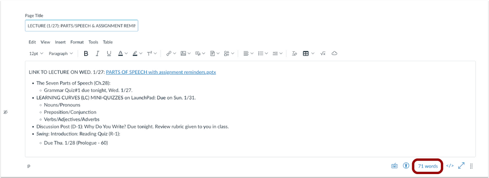 Canvas text editor which contains the toolbar and the status bar which contains the word count tool. Accessing the wordcount tool will propvide more detailed information on the page or selected text.