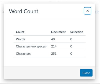 Word count page displays the number of words, characters (no spaces), characters for both the document and a selection of text.
