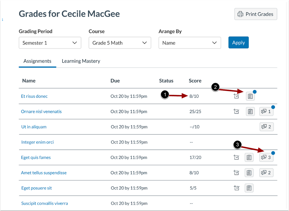 The grades page now containes the score achieved and the total score, a blue circle icon denotes that new feedback is available for both rubrics and comments.