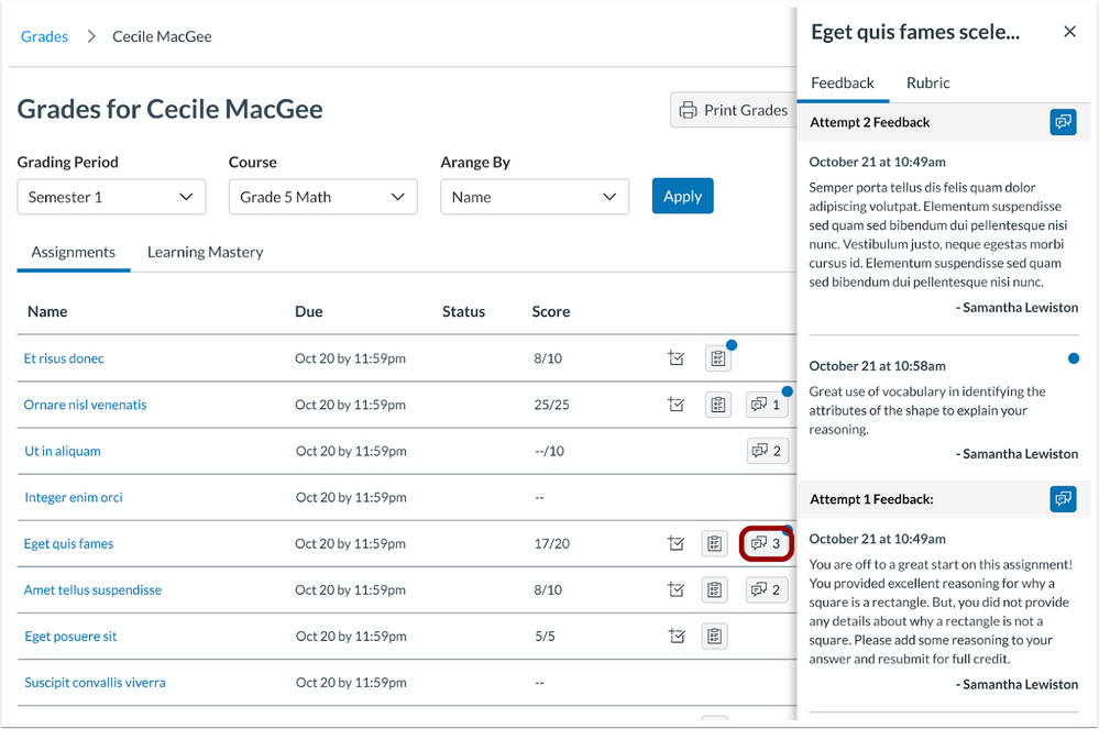 The comment/feedback panel now pops out in the grades page.