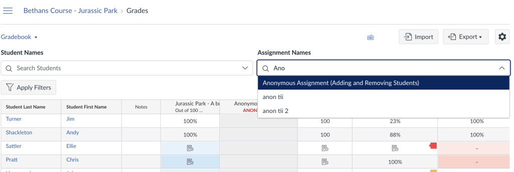 The Assignment Names search box at the top of the grades area allows you to filter the grades area for particular assignments.