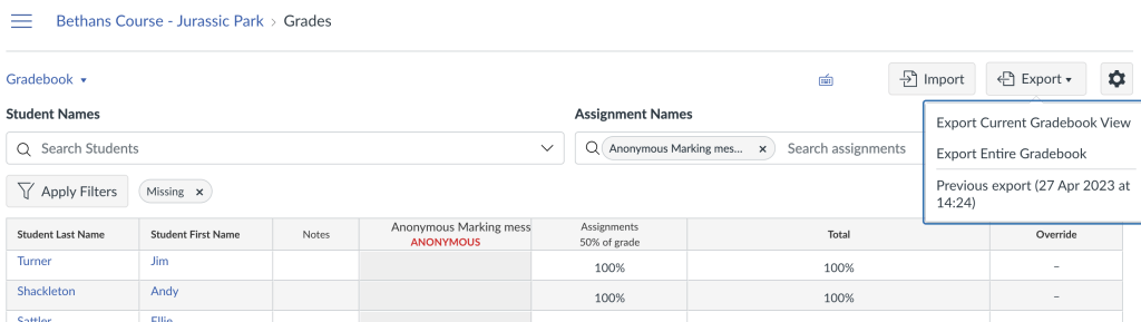 The grades area showing the 'export' button and 'export current gradebook view' option.