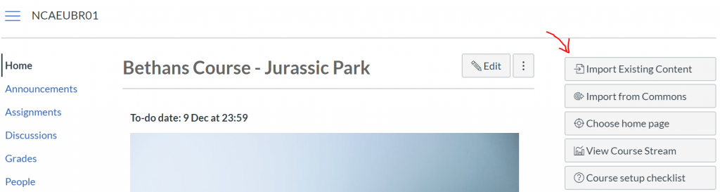 import existing content option on course front page.