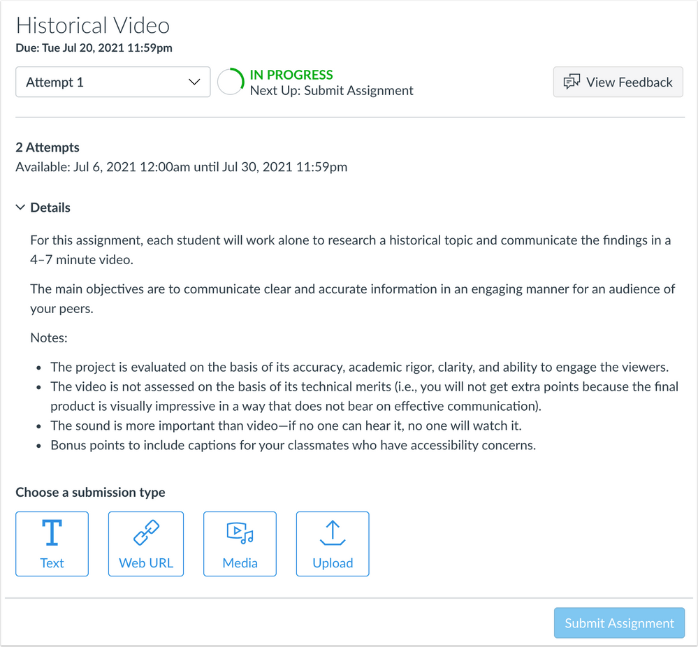 The new assignment submission workflow has your attempts at the top of the page including the progress tracker, and a button where you can access feedback. The second part of the interface is where you will find your attempt information, further assignment details including any attached rubrics and a submission type. The submission types will vary depending on the requirements of the assignment.