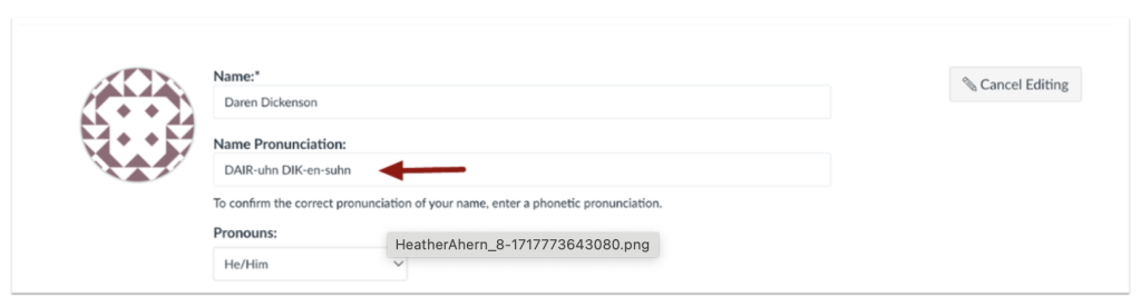 Add the phoenetic pronunciation of your name into the 'name pronunciation' option when editing your profile in Canvas