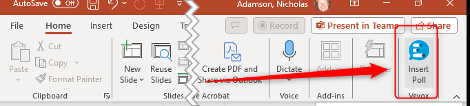 Highlighting the Vevox Insert Poll button in PowerPoint.