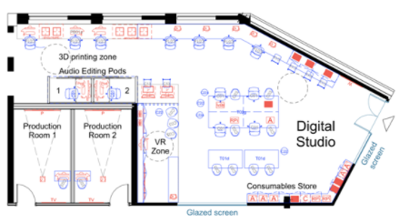 Plan of proposed Library Digital Studio Space incorporating a 3d printing zone, audio editing pods, two production rooms, a VR zone, work desks and consumables store.