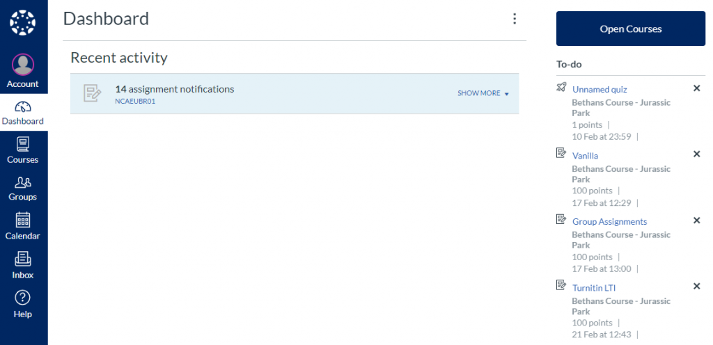 This image displays your Canvas Dashboard in Recent Activity View